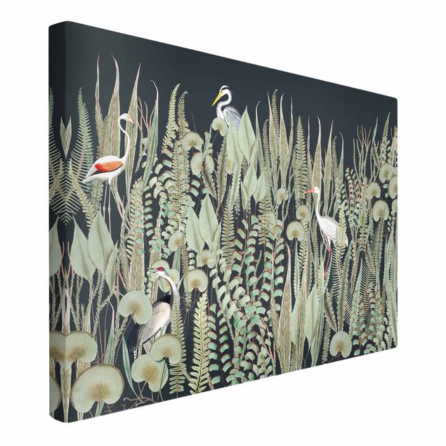 Leinwandbild - Flamingo und Storch mit Pflanzen auf Grün - Querformat 3:2