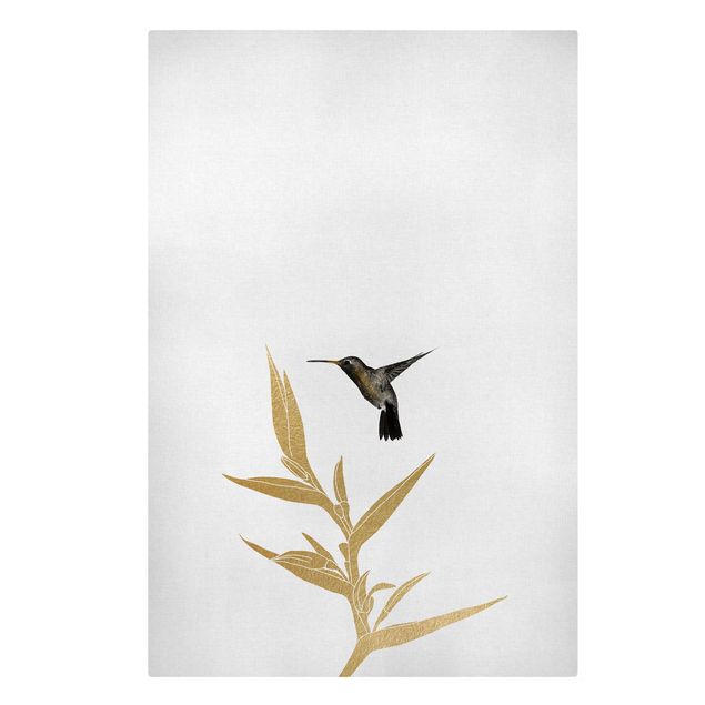 Leinwandbild - Kolibri und tropische goldene Blüte II - Hochformat 2:3