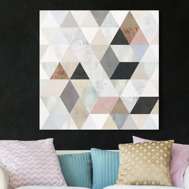 Leinwandbild - Aquarell-Mosaik mit Dreiecken I - Quadrat 1:1