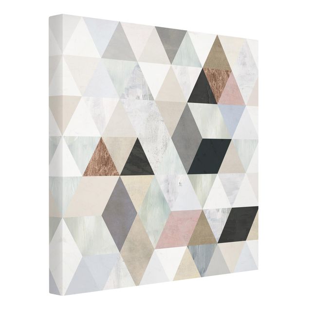 Leinwandbild - Aquarell-Mosaik mit Dreiecken I - Quadrat 1:1