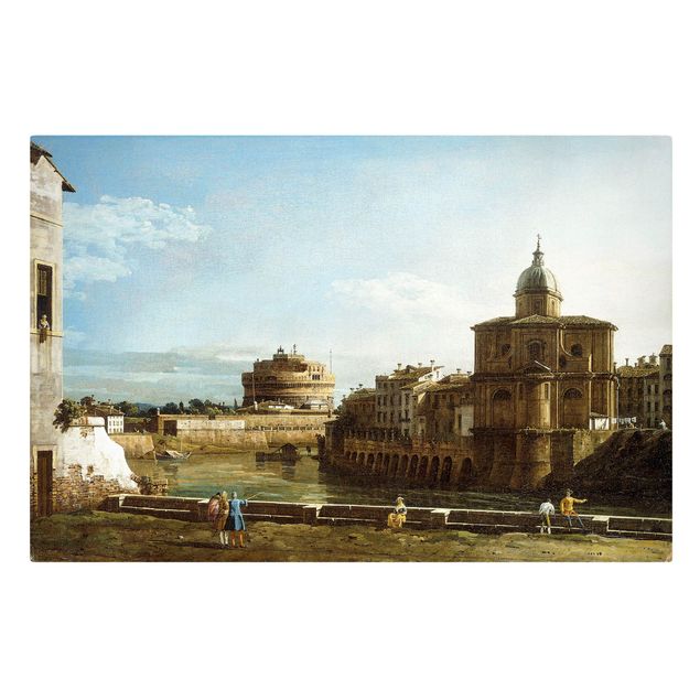 Leinwandbild - Bernardo Bellotto - Ansicht Roms am Ufer der Tiber, mit der Kirche San Giovanni dei Fiorentini im Hintergrund - Quer 3:2