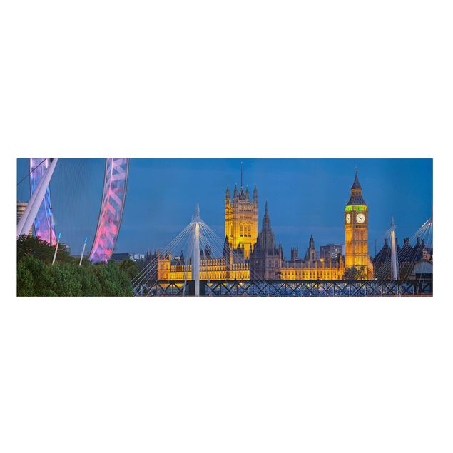 Leinwandbild - Big Ben und Westminster Palace in London bei Nacht - Panorama Quer
