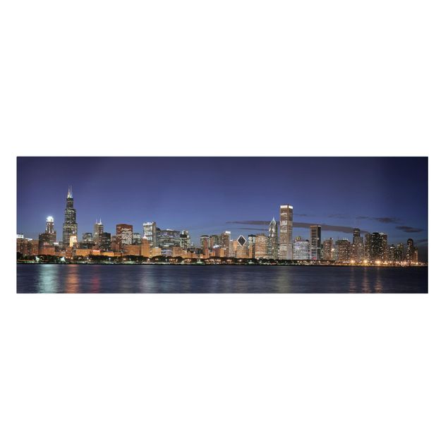 Leinwandbild - Chicago Skyline bei Nacht - Panorama Quer