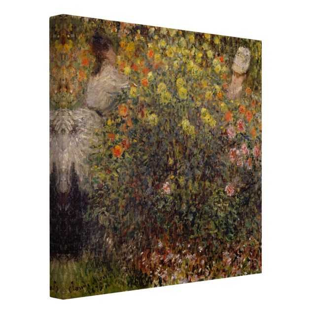 Leinwanddruck Claude Monet - Gemälde Zwei Damen im Blumengarten - Kunstdruck Quadrat 1:1 - Impressionismus