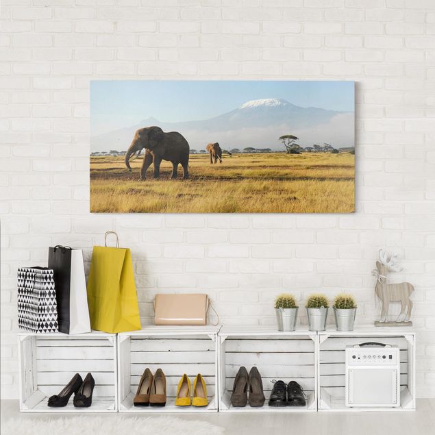 Afrika Leinwandbild Elefanten vor dem Kilimanjaro in Kenya - Panorama Quer