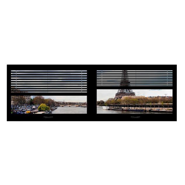 Leinwandbild - Fensterausblick Jalousie - Seine und Eiffelturm - Panorama Quer