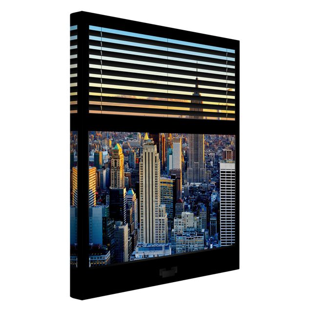 Leinwandbild - Fensterausblick Jalousie - Sonnenaufgang New York - Hoch 2:3