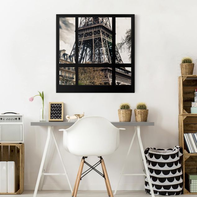 Leinwandbild - Fensterausblick Paris - Nahe am Eiffelturm schwarz weiss - Quer 3:2