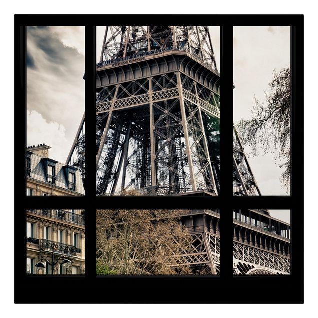 Leinwandbild - Fensterausblick Paris - Nahe am Eiffelturm schwarz weiß - Hoch 2:3