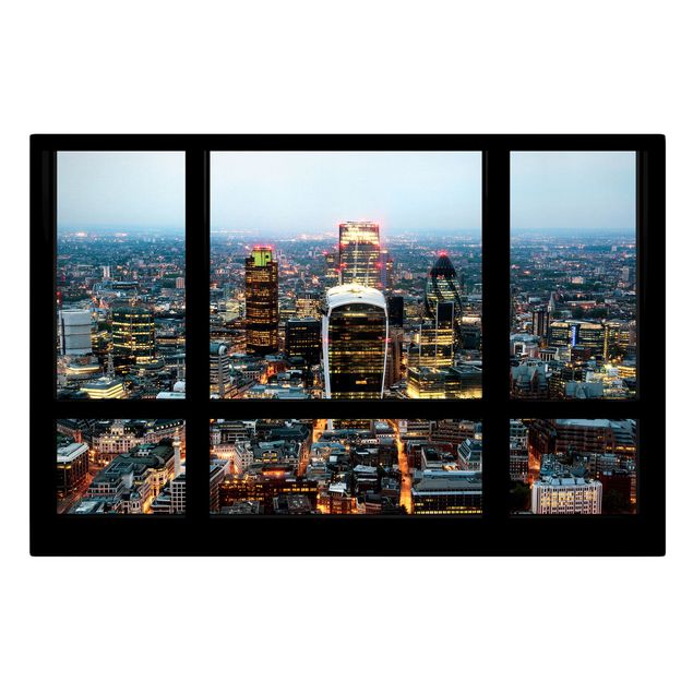Leinwandbild - Fensterblick auf beleuchtete Skyline von London - Quer 3:2
