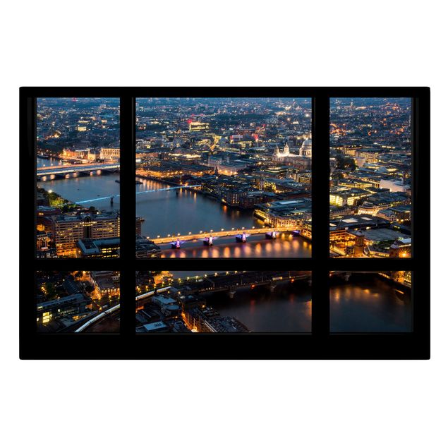 Leinwandbild - Fensterblick auf Londons Skyline mit Brücken - Quer 3:2