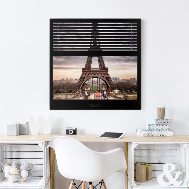 Leinwandbild - Fensterblick Jalousie - Eiffelturm Paris - Quadrat 1:1