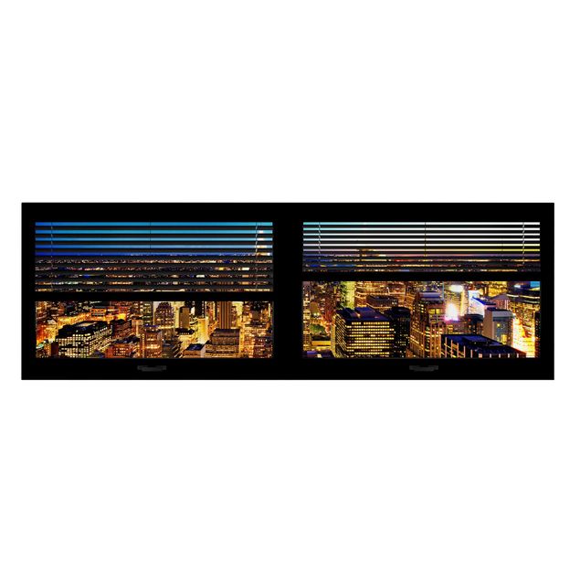 Leinwandbild - Fensterblick Jalousie - New York bei Nacht - Panorama Quer