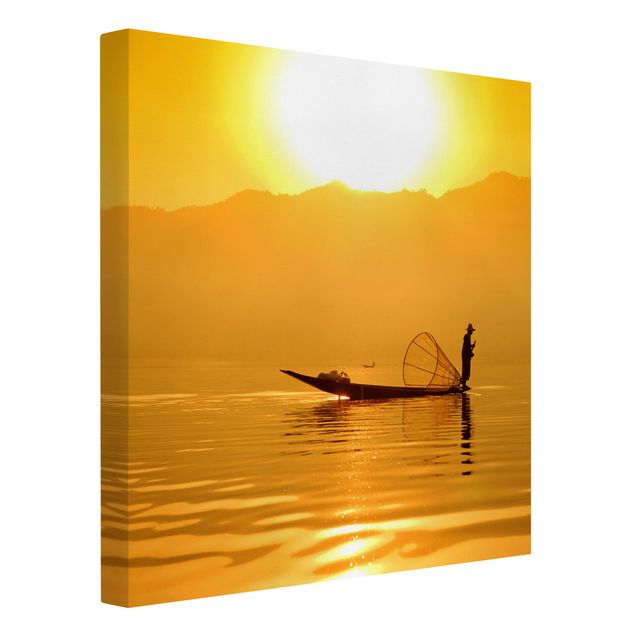 Leinwandbild - Fischer im Sonnenaufgang - Quadrat 1:1