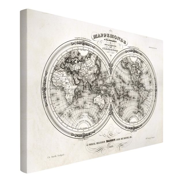 Leinwandbild Schwarz-Weiß - Französische Karte der Hemissphären von 1848 - Quer 3:2