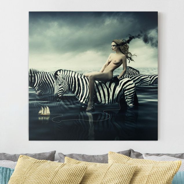 Leinwandbild - Frauenakt mit Zebras - Quadrat 1:1