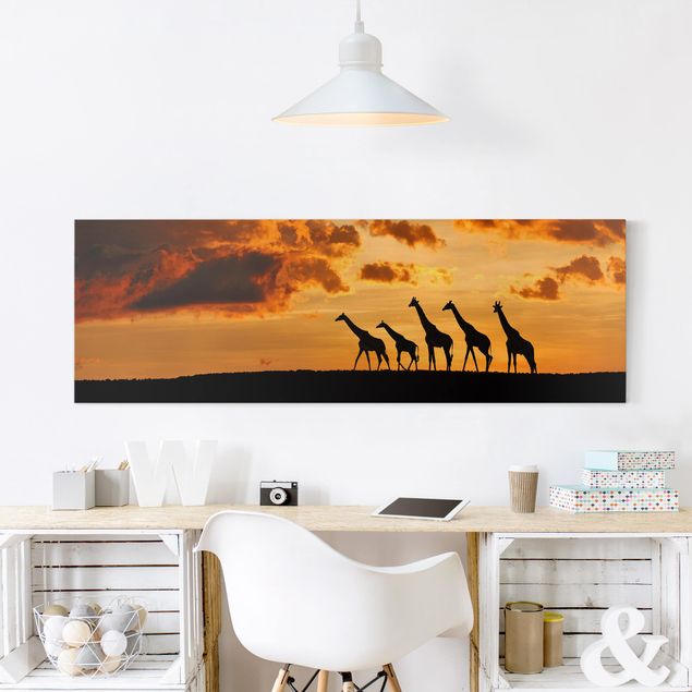 Leinwandbild - Fünf Giraffen - Panorama Quer