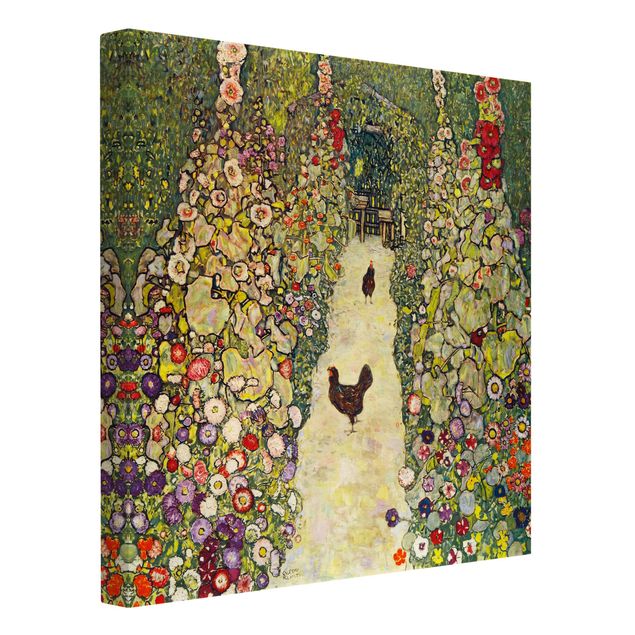 Leinwandbild Gustav Klimt - Kunstdruck Gartenweg mit Hühnern - Quadrat 1:1 -Jugendstil
