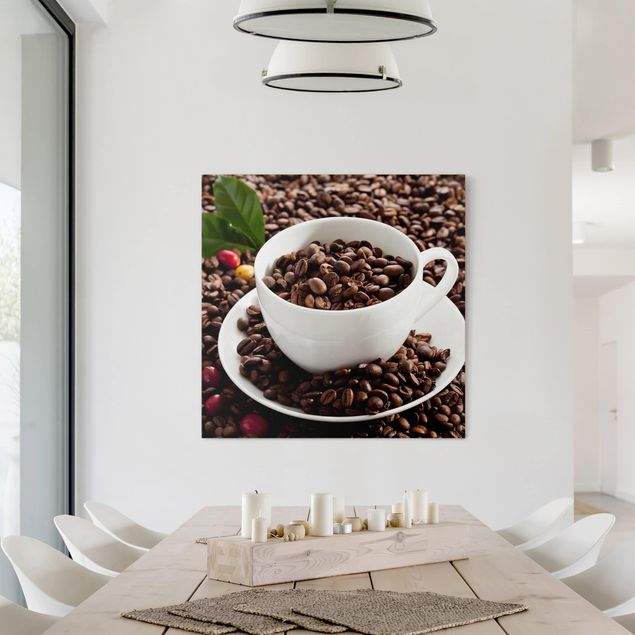 Leinwandbild - Kaffeetasse mit gerösteten Kaffeebohnen - Quadrat 1:1