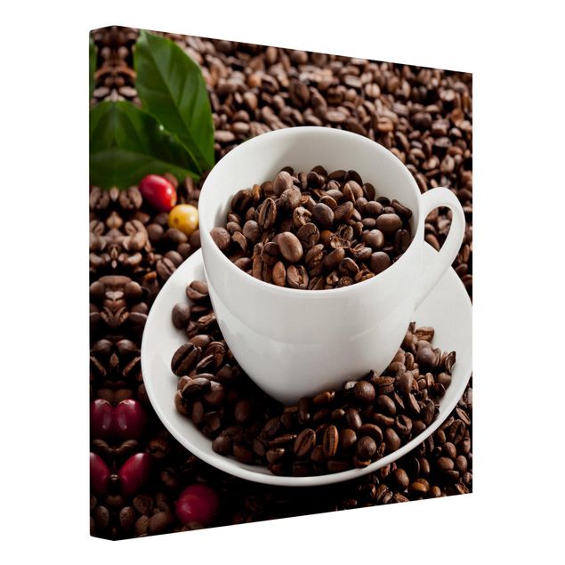 Leinwandbild - Kaffeetasse mit gerösteten Kaffeebohnen - Querformat 3:2