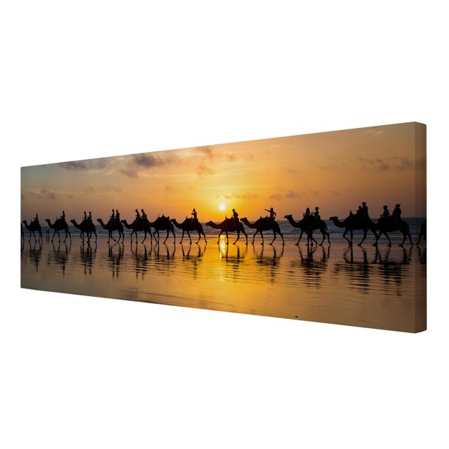 Leinwandbild - Kamele im Sonnenuntergang - Panorama Quer