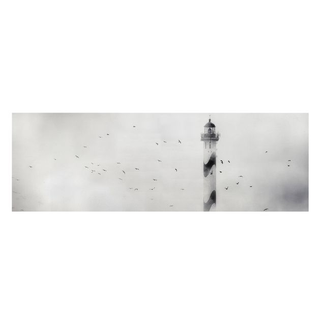 Leinwandbild - Leuchtturm im Nebel - Panorama Quer