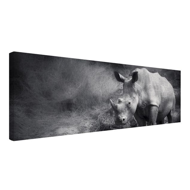 Leinwandbild Schwarz-Weiß - Lonesome Rhinoceros - Panoramabild Quer