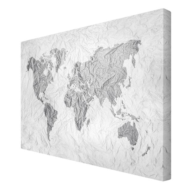 Leinwandbild Schwarz-Weiß - Papier Weltkarte Weiß Grau - Quer 3:2