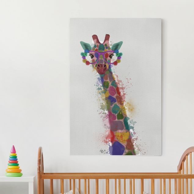Leinwandbild - Regenbogen Splash Giraffe - Hochformat 3:2