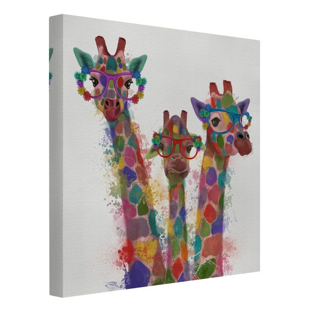 Leinwandbild - Regenbogen Splash Giraffen-Trio - Quadrat 1:1