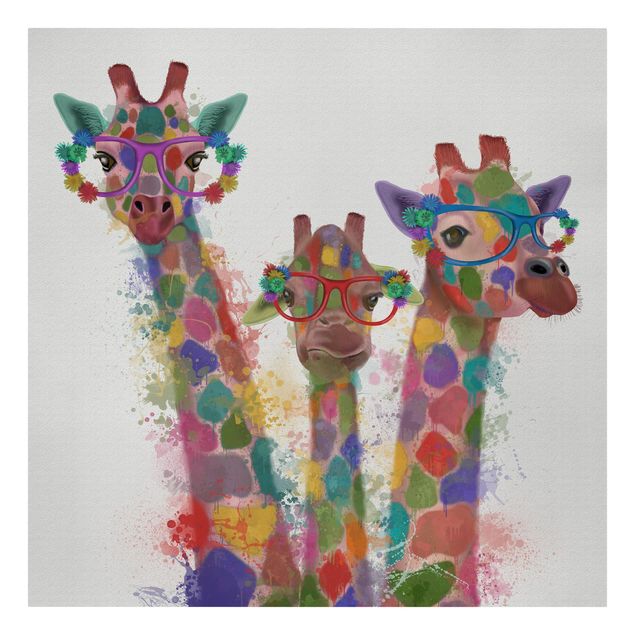 Leinwandbild - Regenbogen Splash Giraffen-Trio - Quadrat 1:1