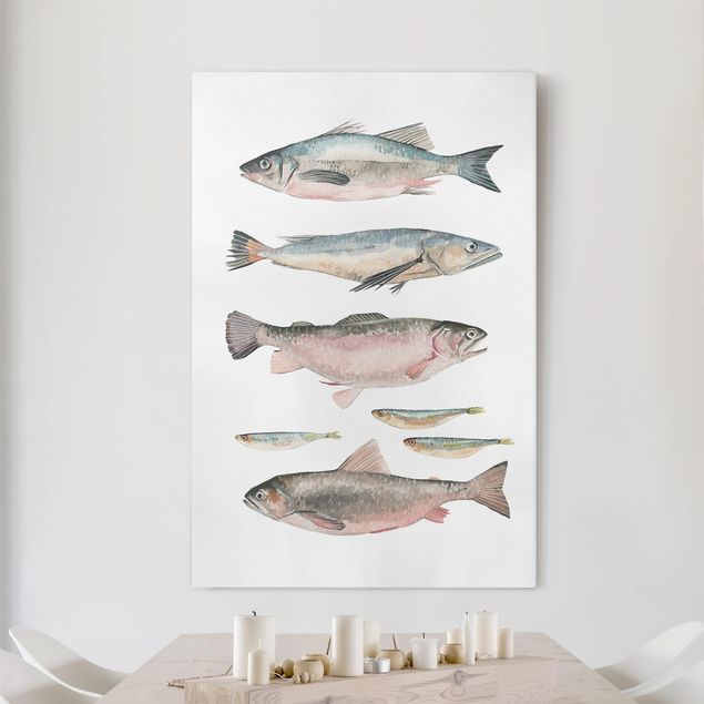 Leinwandbild - Sieben Fische in Aquarell I - Hochformat 3:2