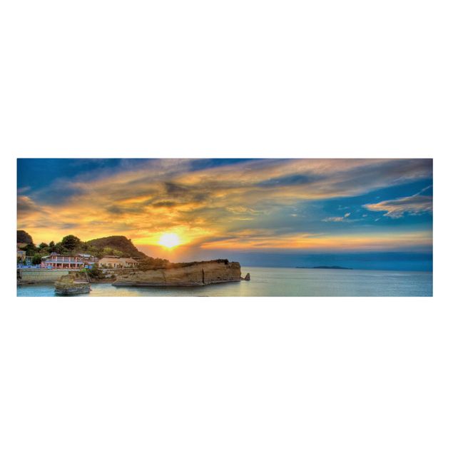Leinwandbild - Sonnenuntergang über Korfu - Panorama Quer