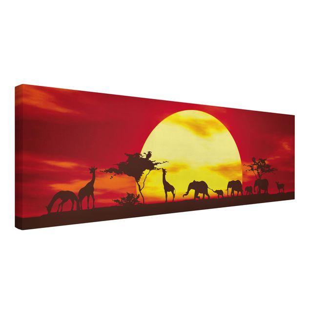 Afrika Leinwandbild Sunset Caravan - Elefanten, Giraffen, Rot, Gelb, Panorama Quer