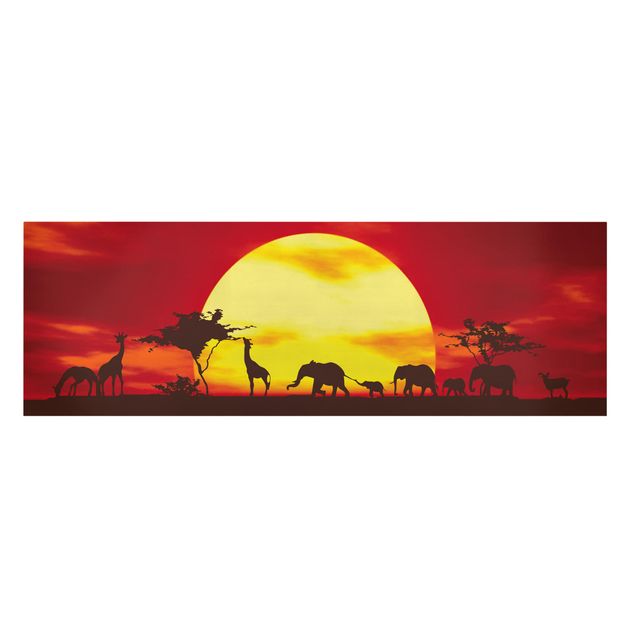 Afrika Leinwandbild Sunset Caravan - Elefanten, Giraffen, Rot, Gelb, Panorama Quer