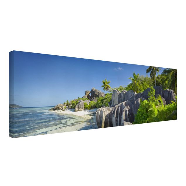 Leinwandbild - Traumstrand Seychellen - Panorama Quer