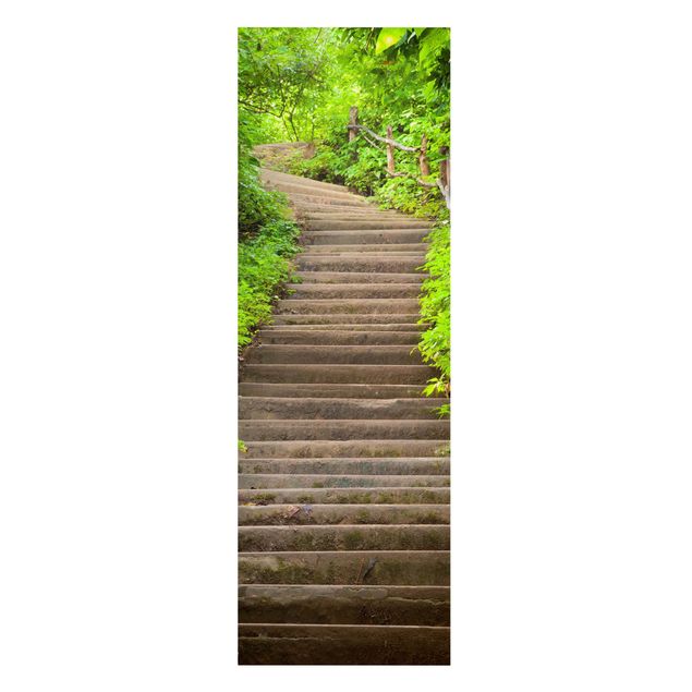 Leinwandbild - Treppenaufstieg im Wald - Panorama Hoch