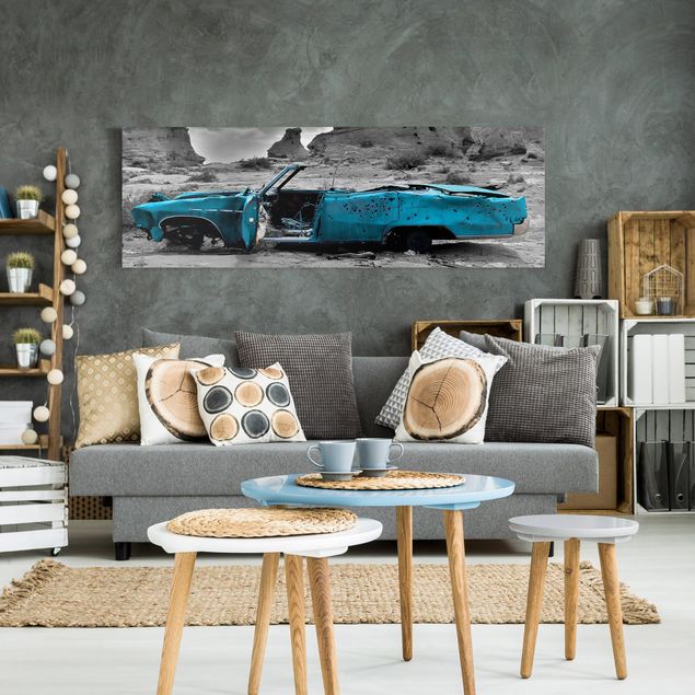 Leinwandbild Schwarz-Weiß - Türkiser Cadillac - Panoramabild Quer