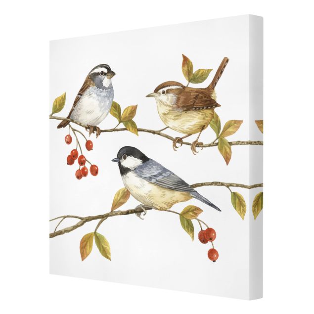 Leinwandbild - Vögel und Beeren - Meisen - Quadrat 1:1