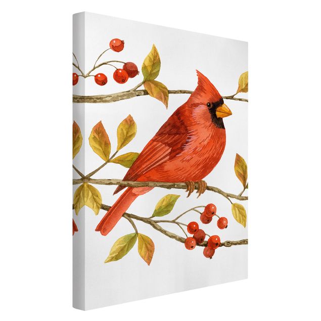 Leinwandbild - Vögel und Beeren - Rotkardinal - Hochformat 3:2
