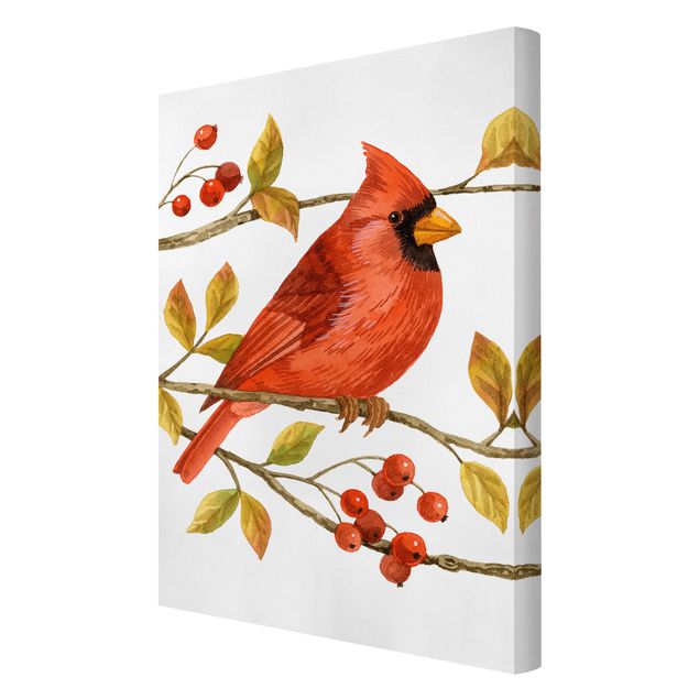 Leinwandbild - Vögel und Beeren - Rotkardinal - Hochformat 3:2