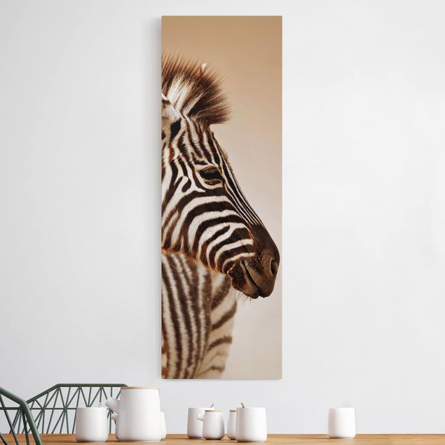Leinwandbild - Zebra Baby Portrait - Panorama Hoch