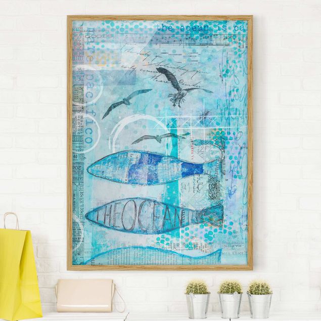 Bild mit Rahmen - Bunte Collage - Blaue Fische - Hochformat 4:3