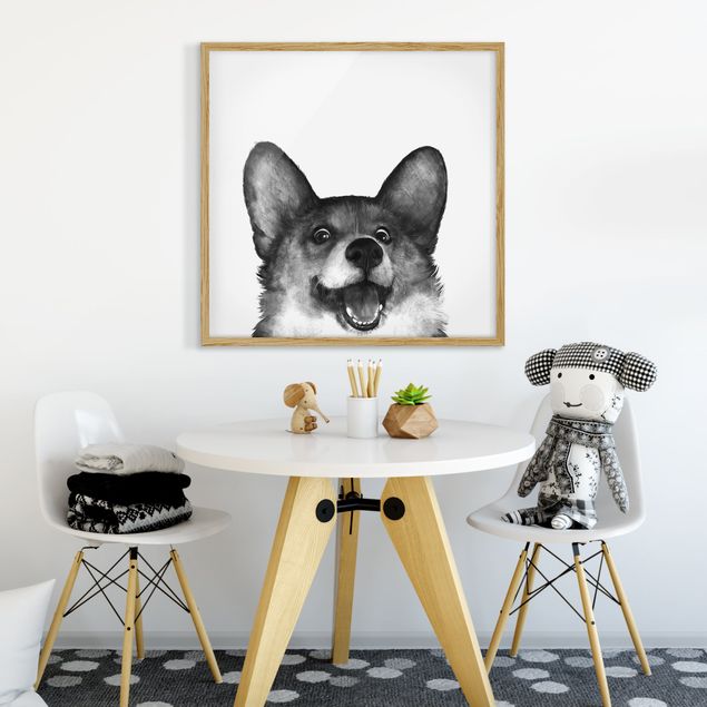 Bild mit Rahmen - Illustration Hund Corgi Weiß Schwarz Malerei - Quadrat 1:1