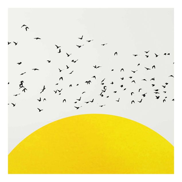 Glasbild - Vogelschwarm vor gelber Sonne - Quadrat 1:1