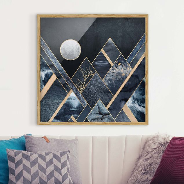 Bild mit Rahmen - Goldener Mond abstrakte schwarze Berge - Quadrat 1:1