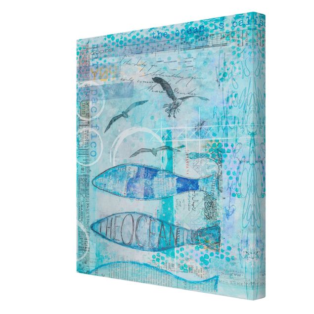 Leinwandbild - Bunte Collage - Blaue Fische - Hochformat 4:3