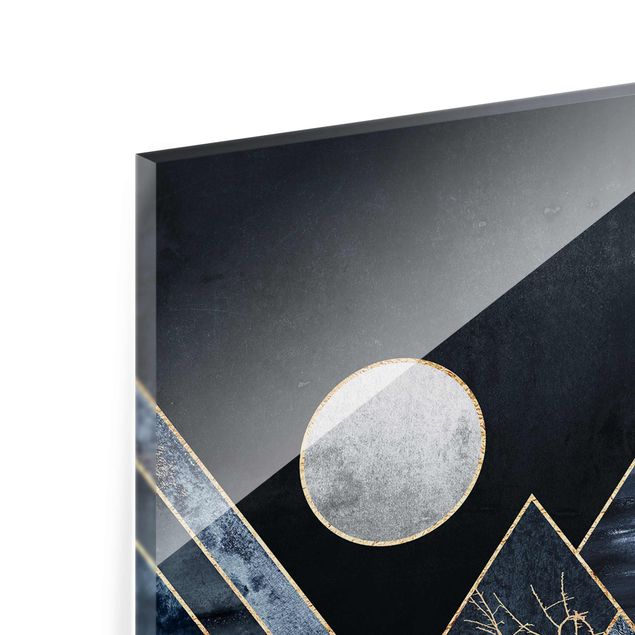 Glasbild - Goldener Mond abstrakte schwarze Berge - Hochformat 4:3