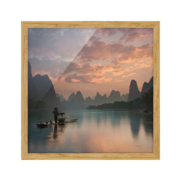 Bild mit Rahmen - Sonnenaufgang über chinesischem Fluss - Quadrat 1:1