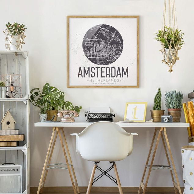 Bild mit Rahmen - Stadtplan Amsterdam - Retro - Quadrat 1:1